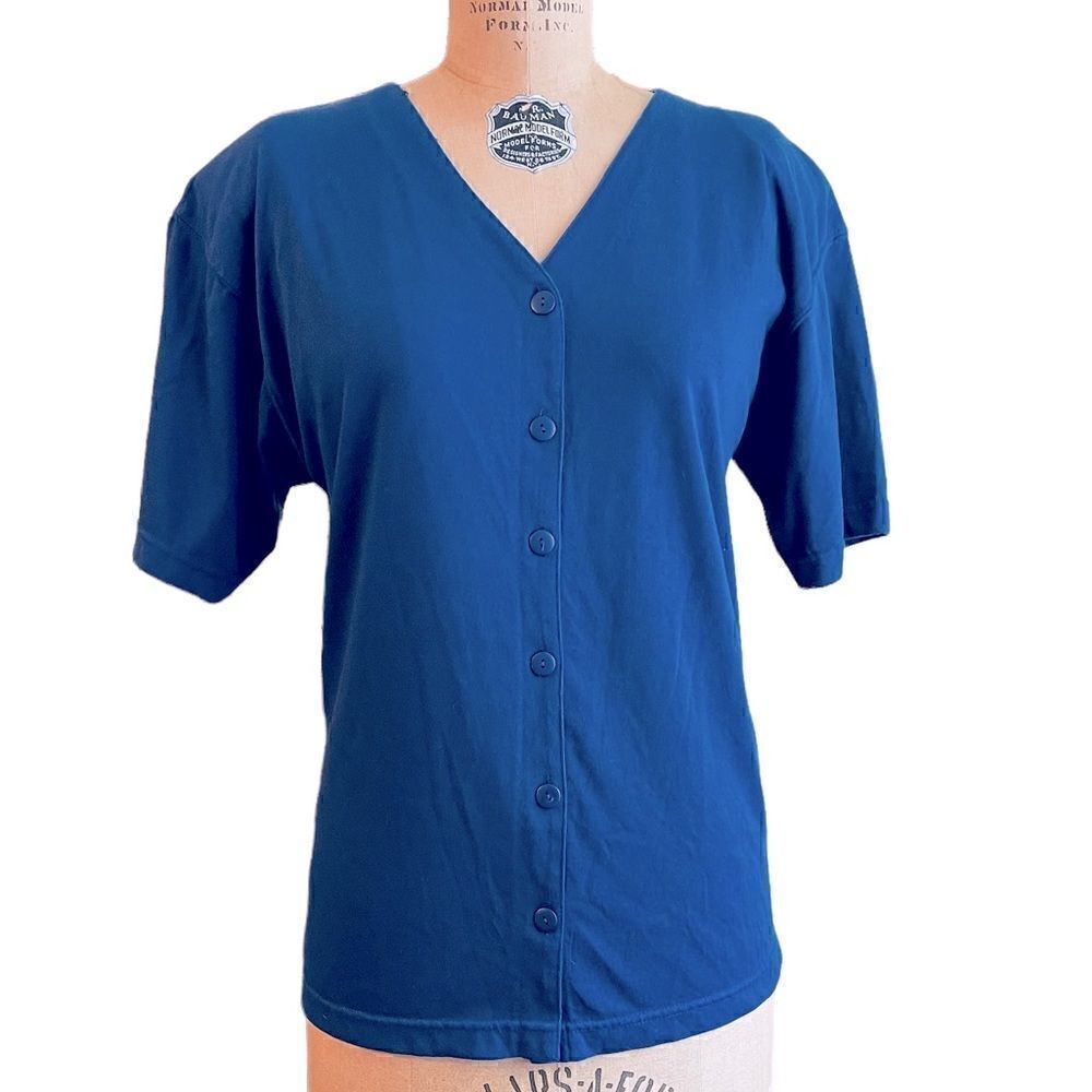 Blue button down V neck shirt